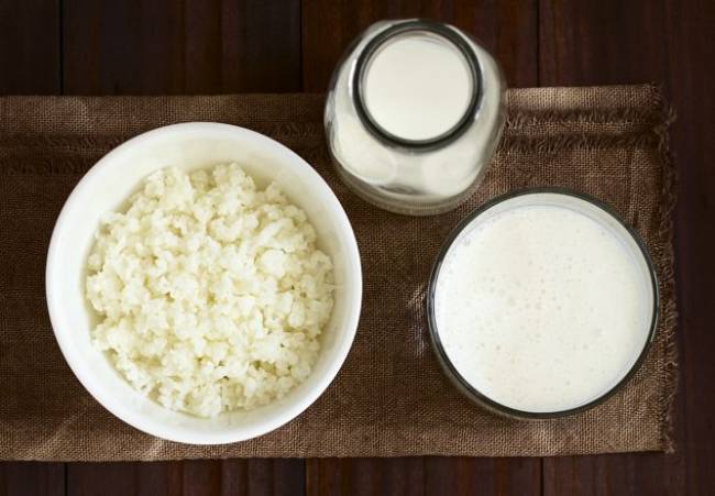 Kefir or kephir, alternatively milk kefir or búlgaros, is a fermented milk drink made with a yeast/bacterial fermentation starter of kefir grains, that originated in the northern parts of the Caucasus Mountains.