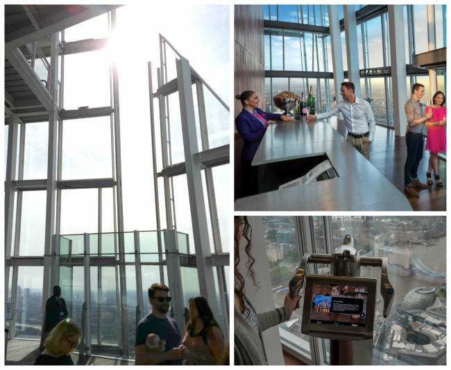 Clockwise: The open-air Skydeck; Champagne Bar; and interactive telescope