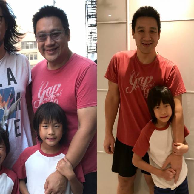 Dave with his son before and after his weight loss.